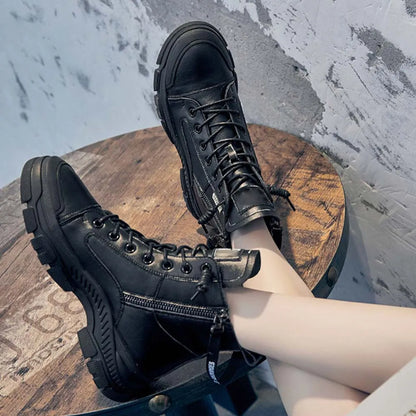 RICY™ LEATHER LIGHTWEIGHT LACE-UP ZIPPER ANKLE BOOTS
