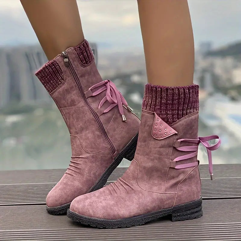 MORDEN™ WOMEN'S KNITTED & FAUX LEATHER PANEL DESIGN BOOTS